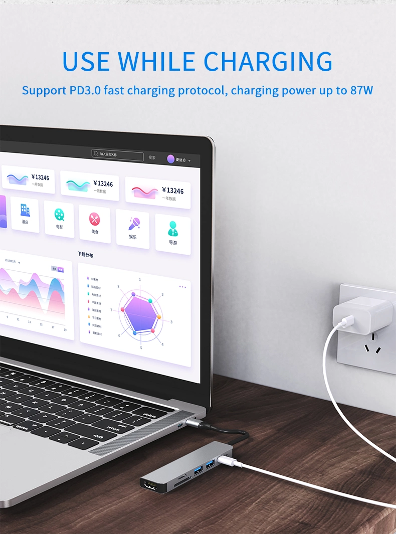 Rendimiento de alta velocidad 6 en 1 USB C Tipo portátil C adaptador de concentrador con tarjeta 2,0/Pd87W USB3,0 Hub SD/TF 2,0 Lector y HDMI