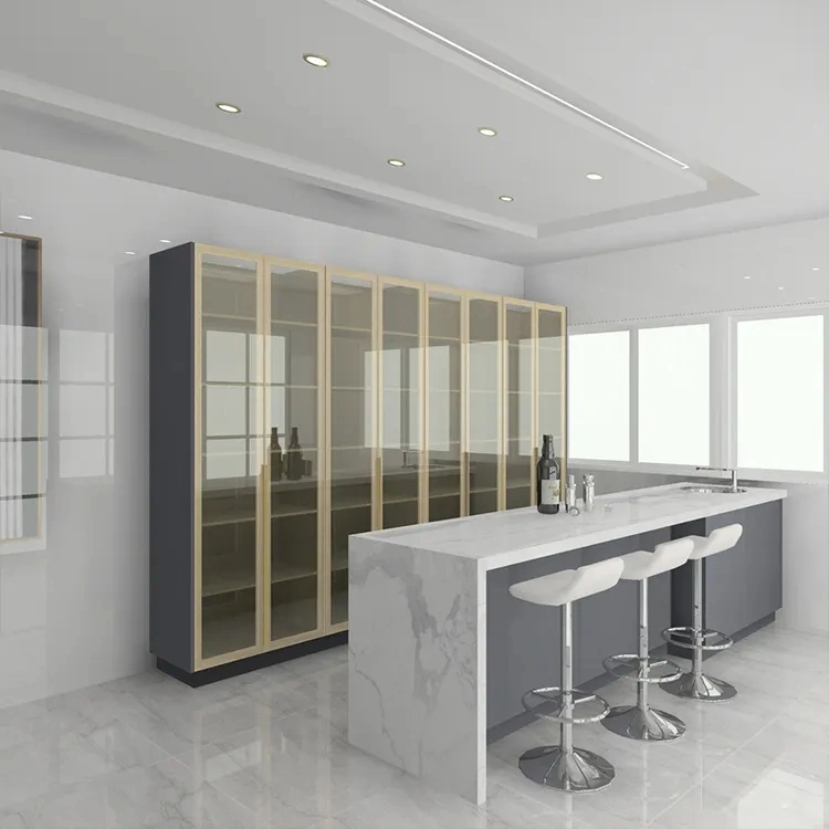 Hermoso hotel de diseño de la isla China de Color Diseño de fibra completo Handleless kitchen cabinet