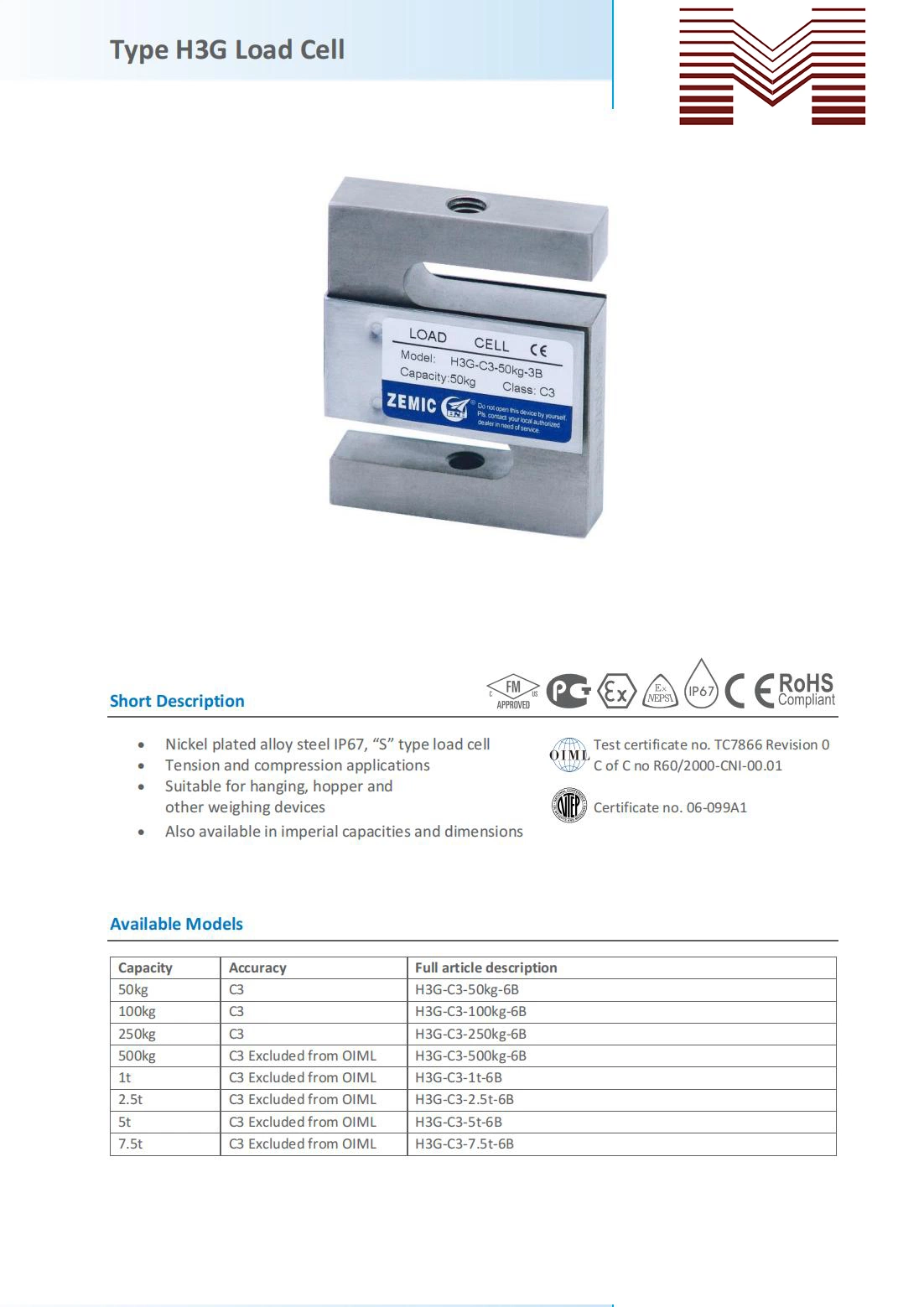 Cellule de charge en acier inoxydable Zemic H3G de type S, homologuée OIML (50 kg-7,5t)