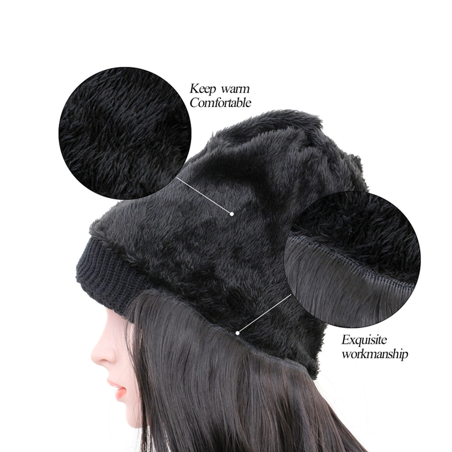 High quality/High cost performance  28inch Black Long Wig Hat Hair Synthetic Non-Detachable Knitted Hat Hair Extension for Women