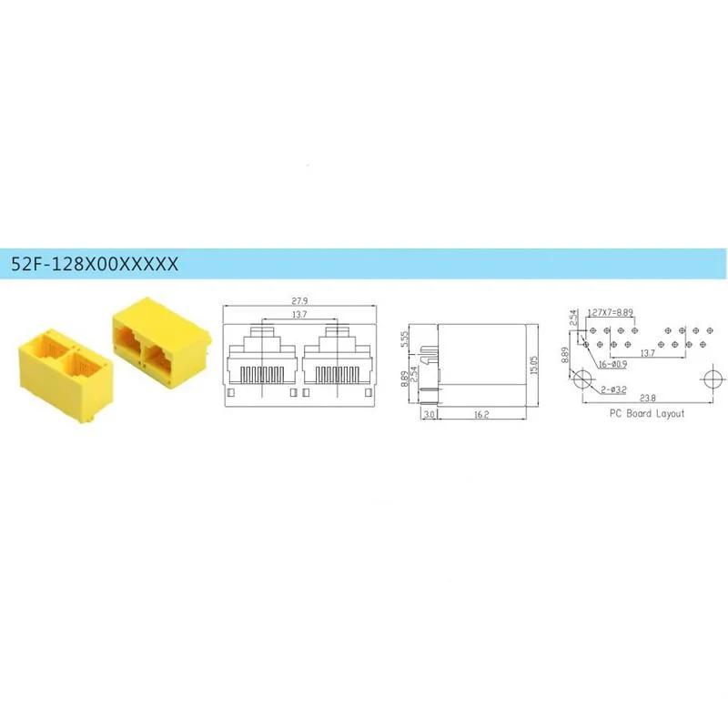 Multi-Port Top Enty RJ45 Connector 1X2 Ports