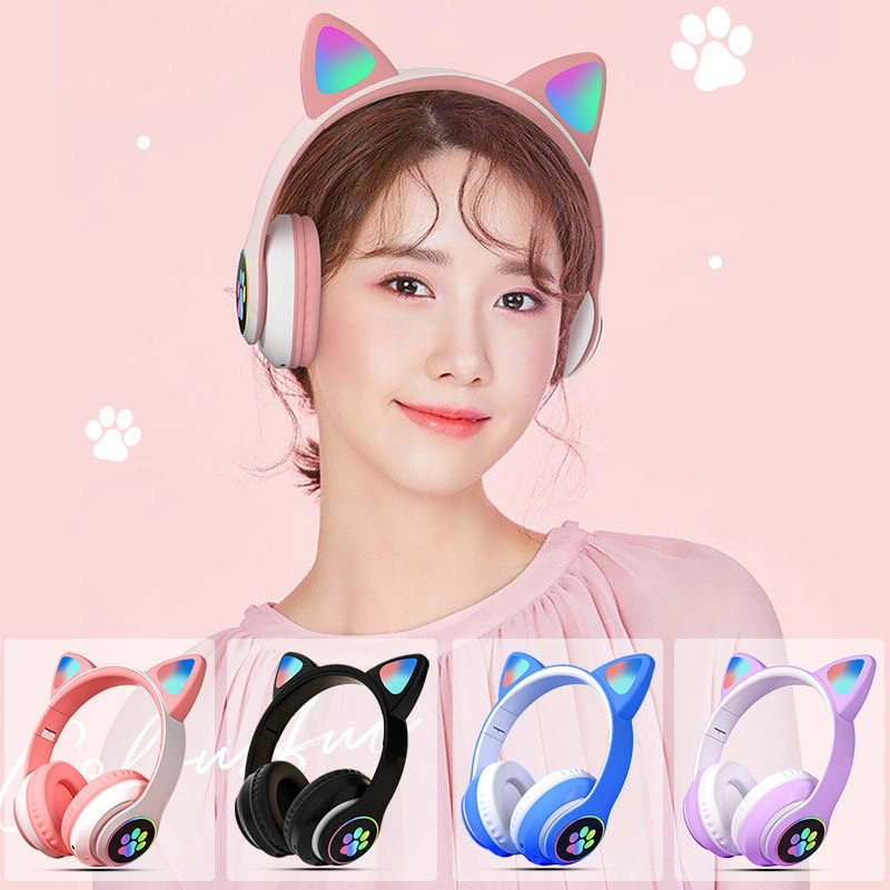 Cute LED Glowing Cat Ear Heavy Bass Stereo Wireless 5.0 Overhead Headphone with Mic for Childern Gift