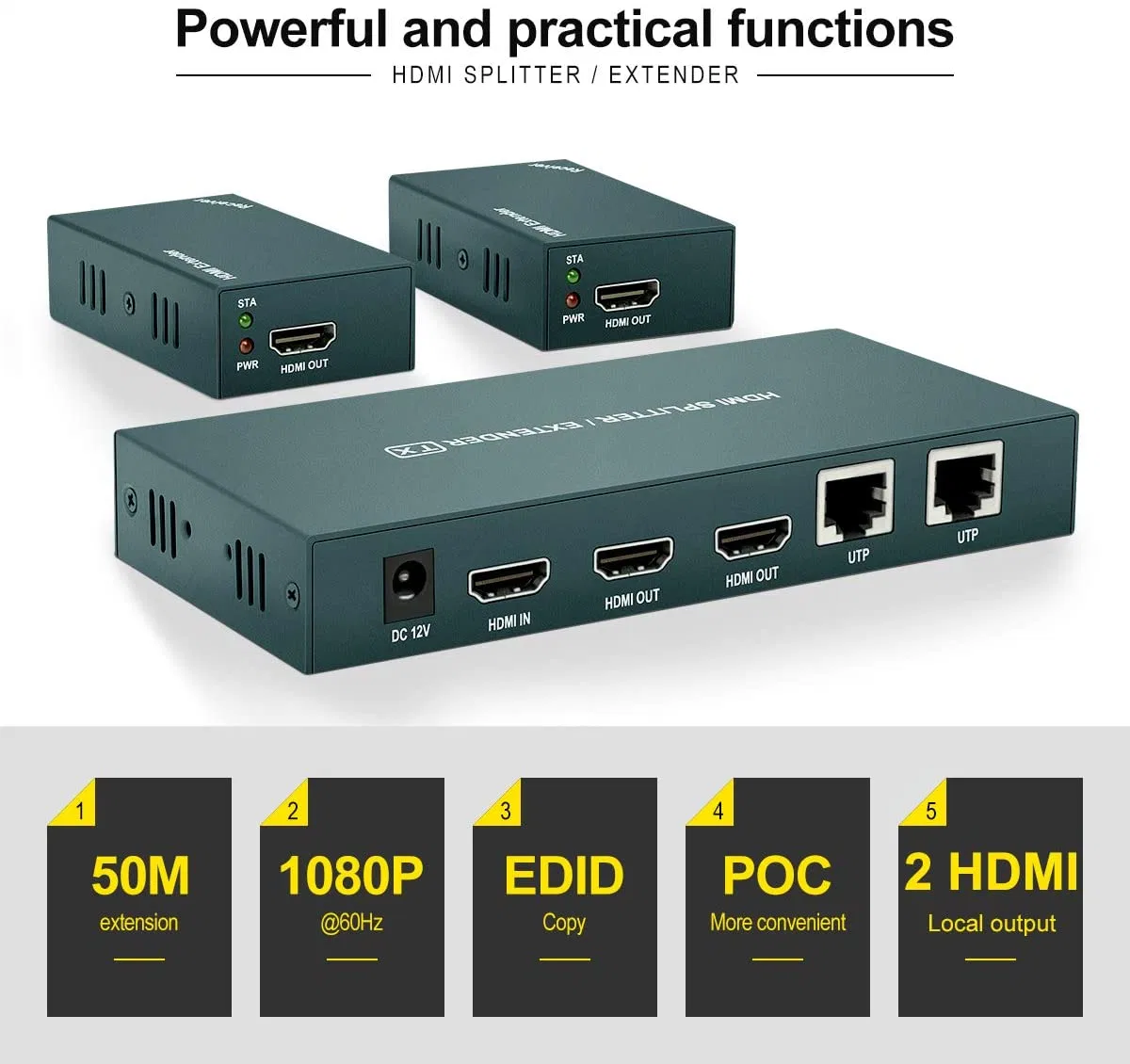 High Definition HDMI Extender Splitter 1X2, Full HD 1080P@60Hz & 3D Visual, Extend up to 165FT (50m) Over Cat5e/CAT6/Cat7 Cable, Dual Channel Transmission