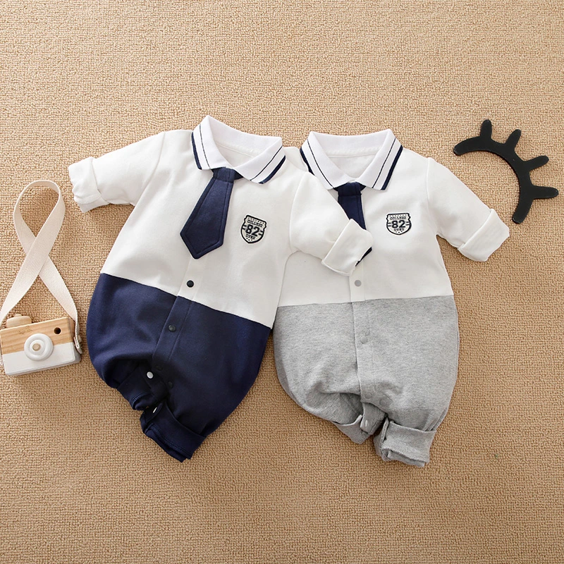 Wholesale Baby Fashion Clothes 100%Cotton Long Sleeve with Tie Cute Pajama Baby Boys Romper