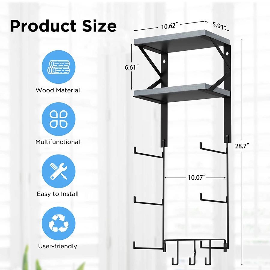 Jh-Mech Minimalist Dual Wooden Shelves Black Steel Yoga Mat Holder