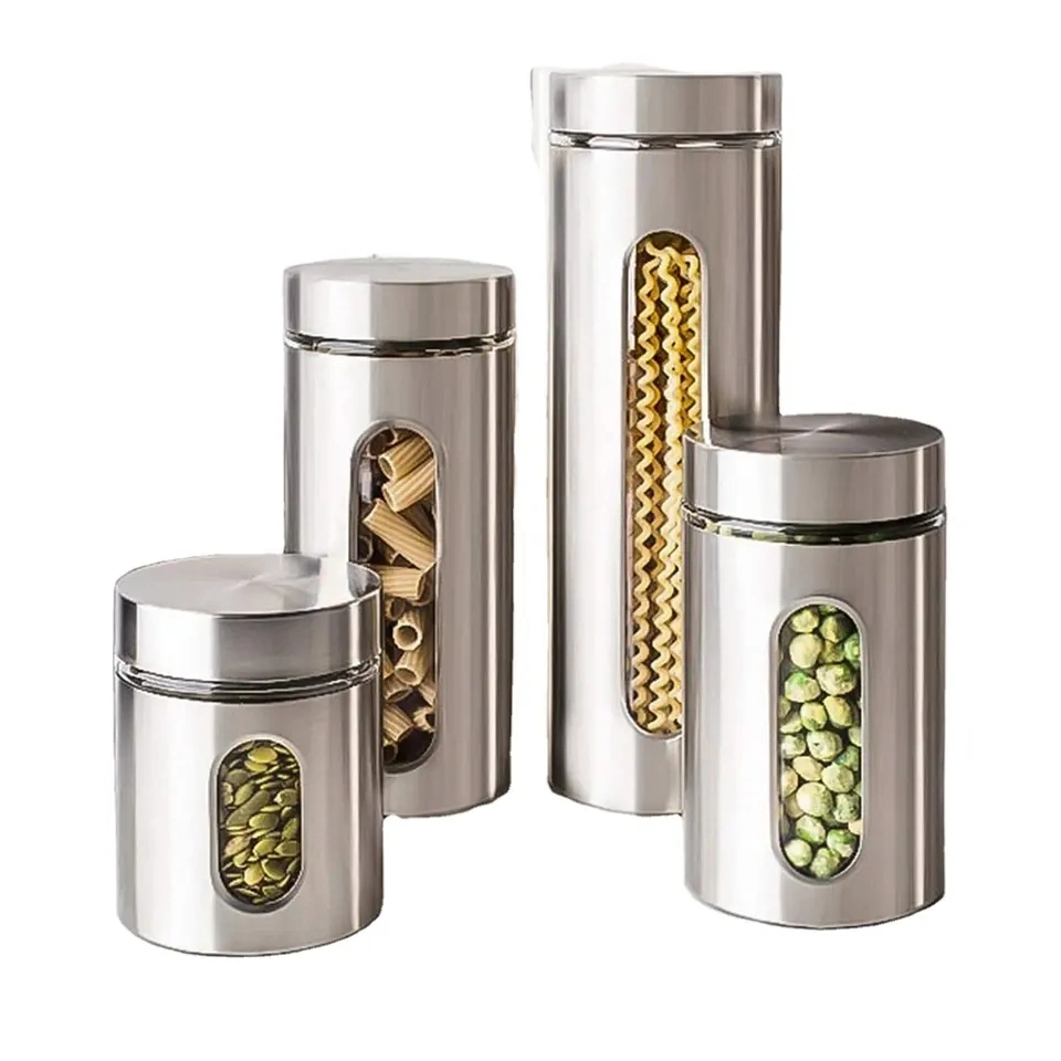 Stainless Steel Food Container with Transparent Window for Whole Grains, Candies, Dry Goods, Seasonings, Noodles, Nuts