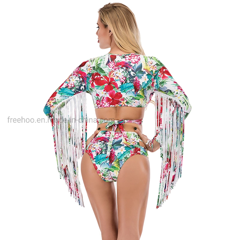 2021 Custom Mature Mesh Floral Print with Long Sleeves in Tassels Sexy Swimwear High Waist Bikini