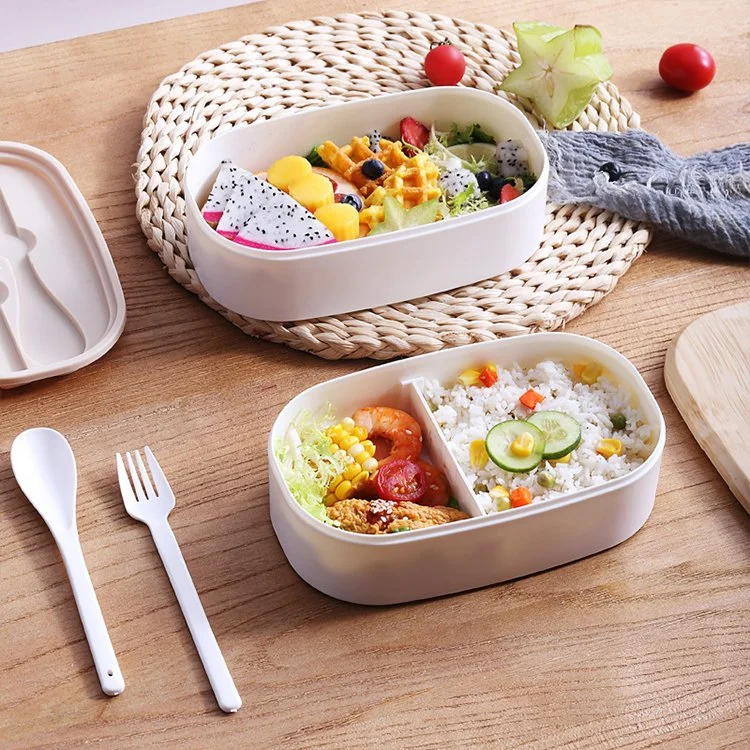 Cinto elástico em madeira de plástico amigo do ambiente 2 camadas Bento lunch Box Com utensílios recipiente de comida conjunto para adultos crianças