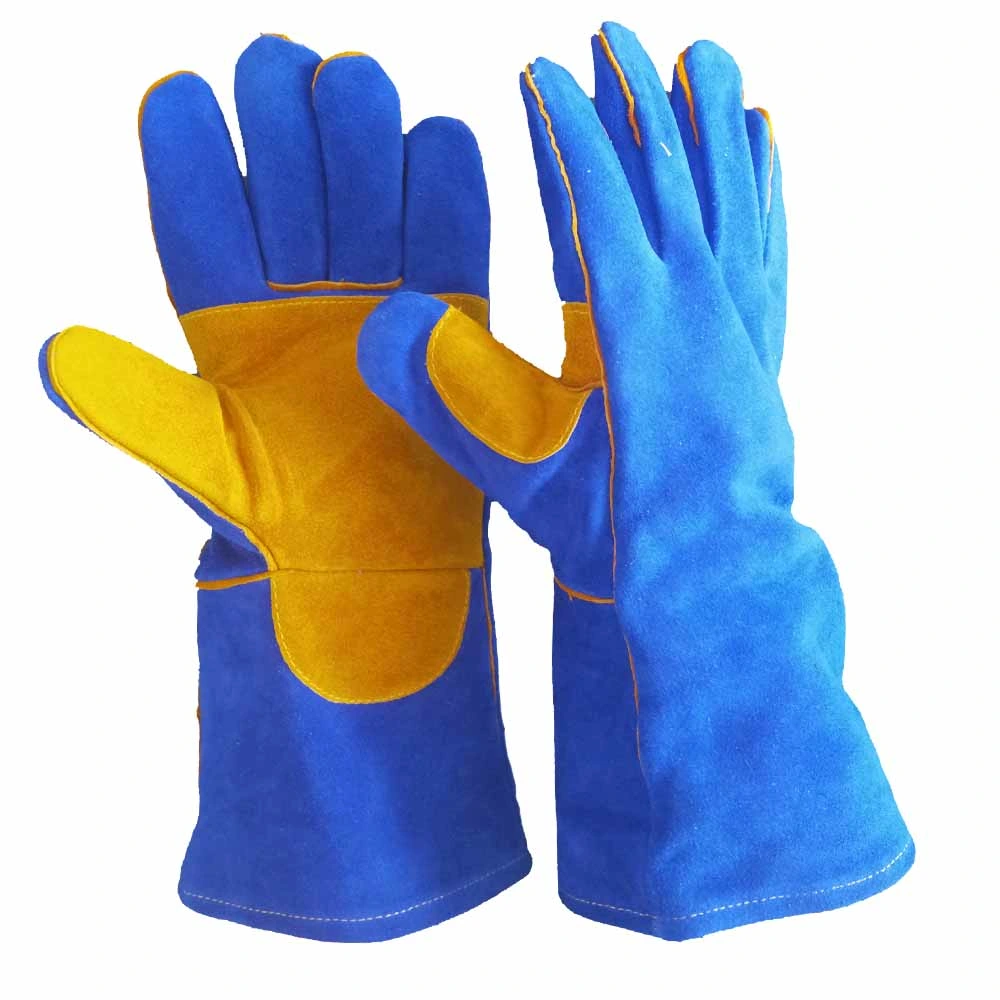 Hot Selling Sapphire Blue Double Palm Cow Split Leather Welding Gloves