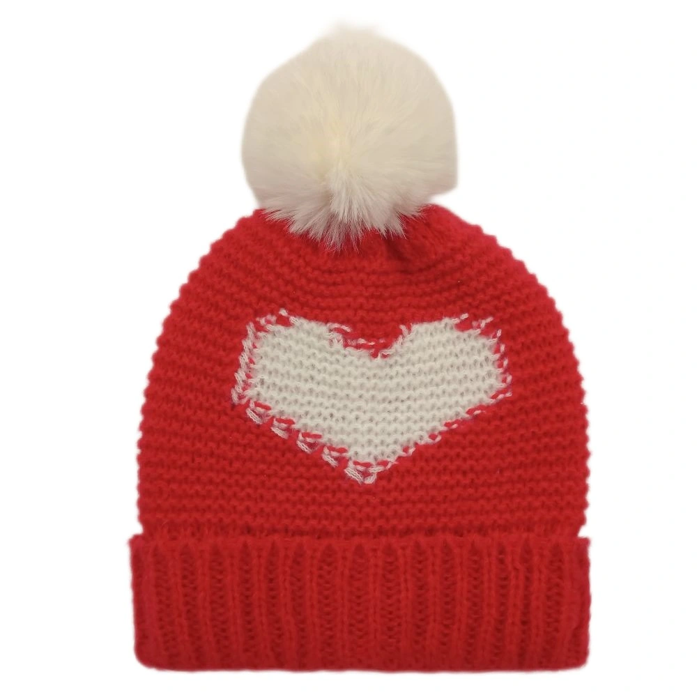 High Quality Custom Autumn and Winter Warm Acrylic Heart Jacquard Knit Hat with Pompom