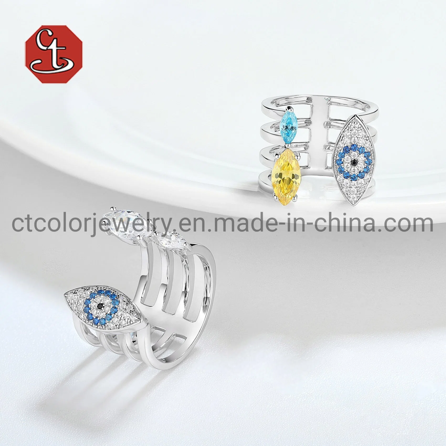 Fashion Jewelry Opening Evil Eye Silver Ring Color Cubic Zirconia Stones or Brass Ring Jewellery