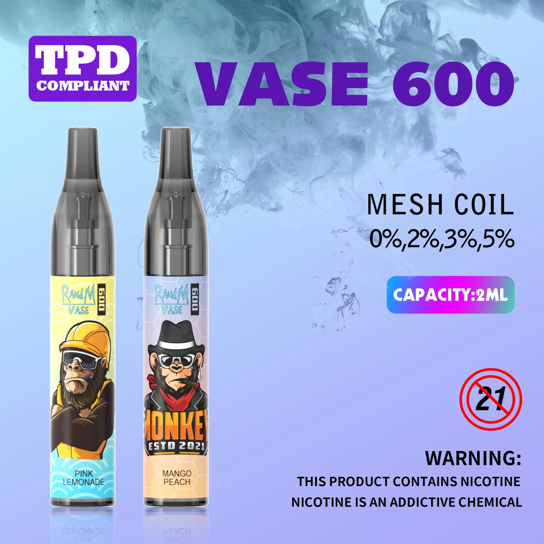 شهادة Tpd معتمدة قابلة للاستخدام من قبل E Cigarette Randm Vase 600 Vape قابل للاستخدام مرة أخرى 600 أطواق