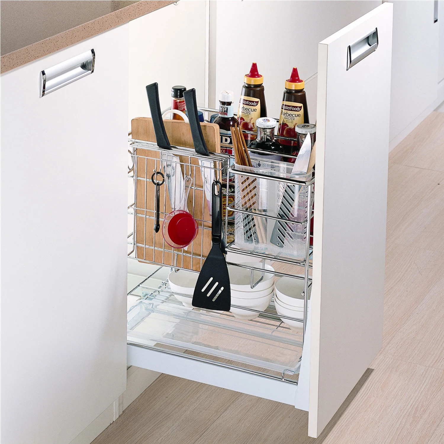 Width 300mm Kitchen Cabinet Storage Organizer Multi Functional Metal Wire Chrome Plating Drawer Basket (PTJ025P-2)