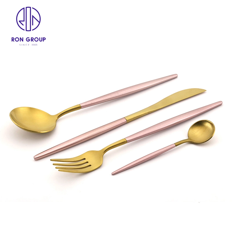 Western Restaurant Hotel Kitchen Silverware Knife Spoon Fork Solid Pink Handle with Gold Flatware Stainless Steel Cutlery