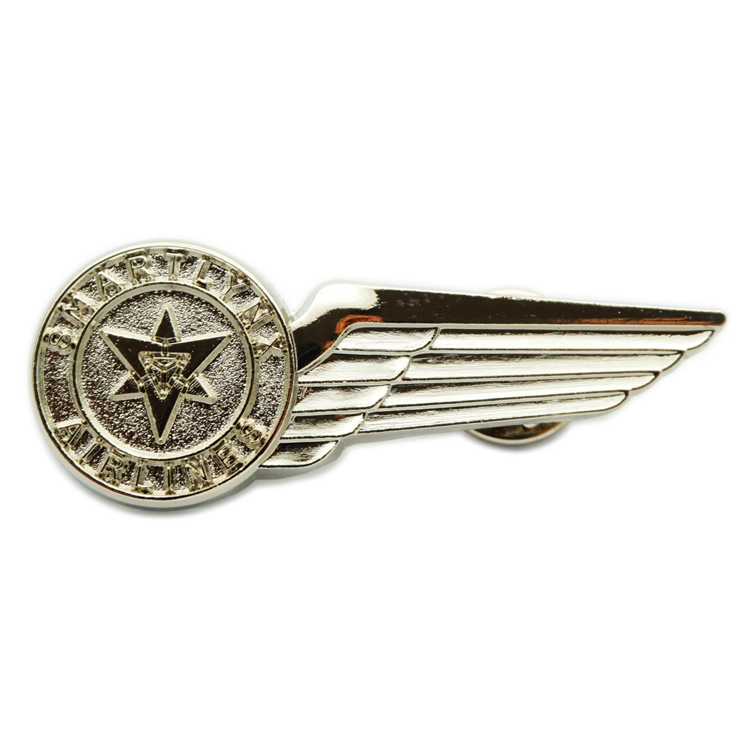 High quality/High cost performance  Wholesale/Supplier OEM and ODM Unique Silver Badge Personalized Vintage Brass Stamping 3D Metal Wings Pin