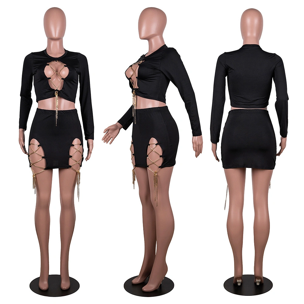 Latest Fashion Sexy Clubwear Black Tie up Chest Hollow Two Piece Short Set Women Clothing