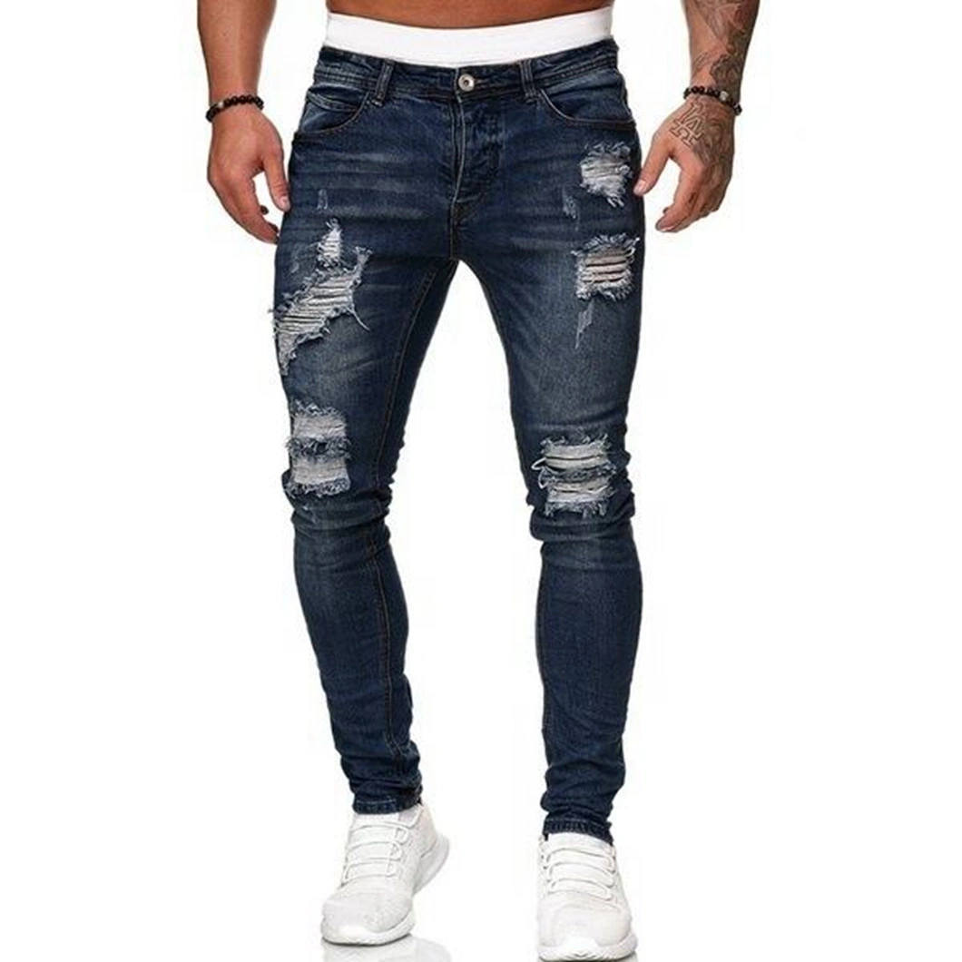 New European and American Men's Distressed Destroyed Casual Straight Pants Biker Jeans Slim Trousers Men Denim Stretch Jeans Pant