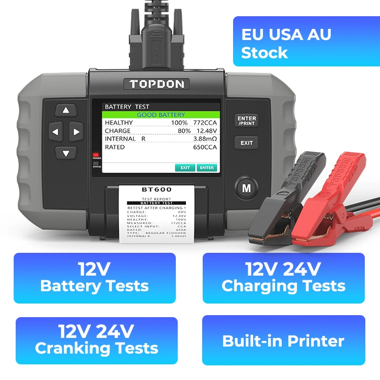 Topdon Italy UK USA EU Stock BT600 Portable Smart 12 В. Анализатор для проверки зарядки свинцово-кислотных аккумуляторов 18650, 24 В. Автомобильный цифровой тестер батарей с принтером