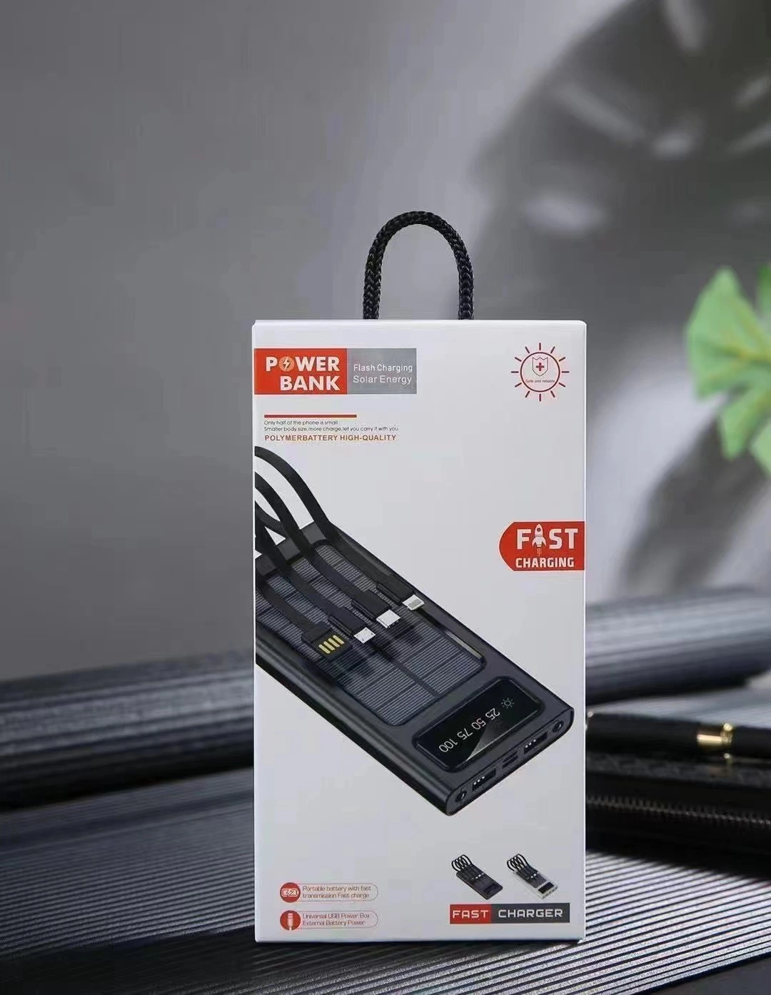 Fast Charging Solar Power Bank Lightning USB-C Micro USB Cable Large Capacity Waterproof Solar 10000mAh Portable Phone Outdoor LED Light Spare Battery