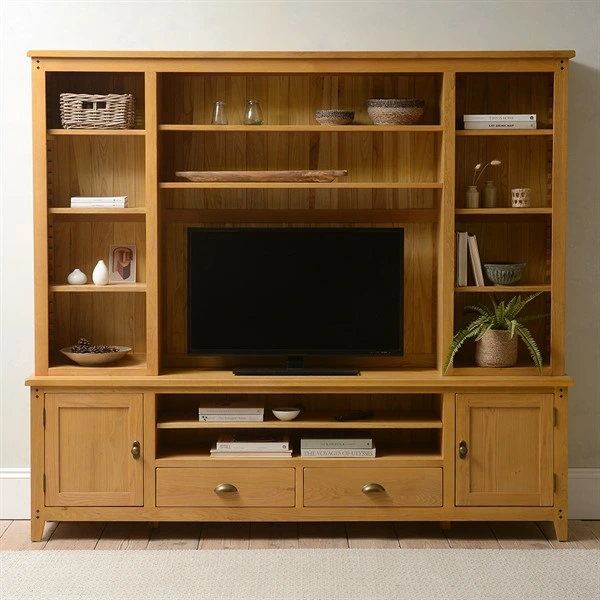 Wholesale Multiple Function Home Furniture Rustic Oak TV and Media Storage Unit Living Room TV Stands with Door, Display Shelf and Storage Drawers