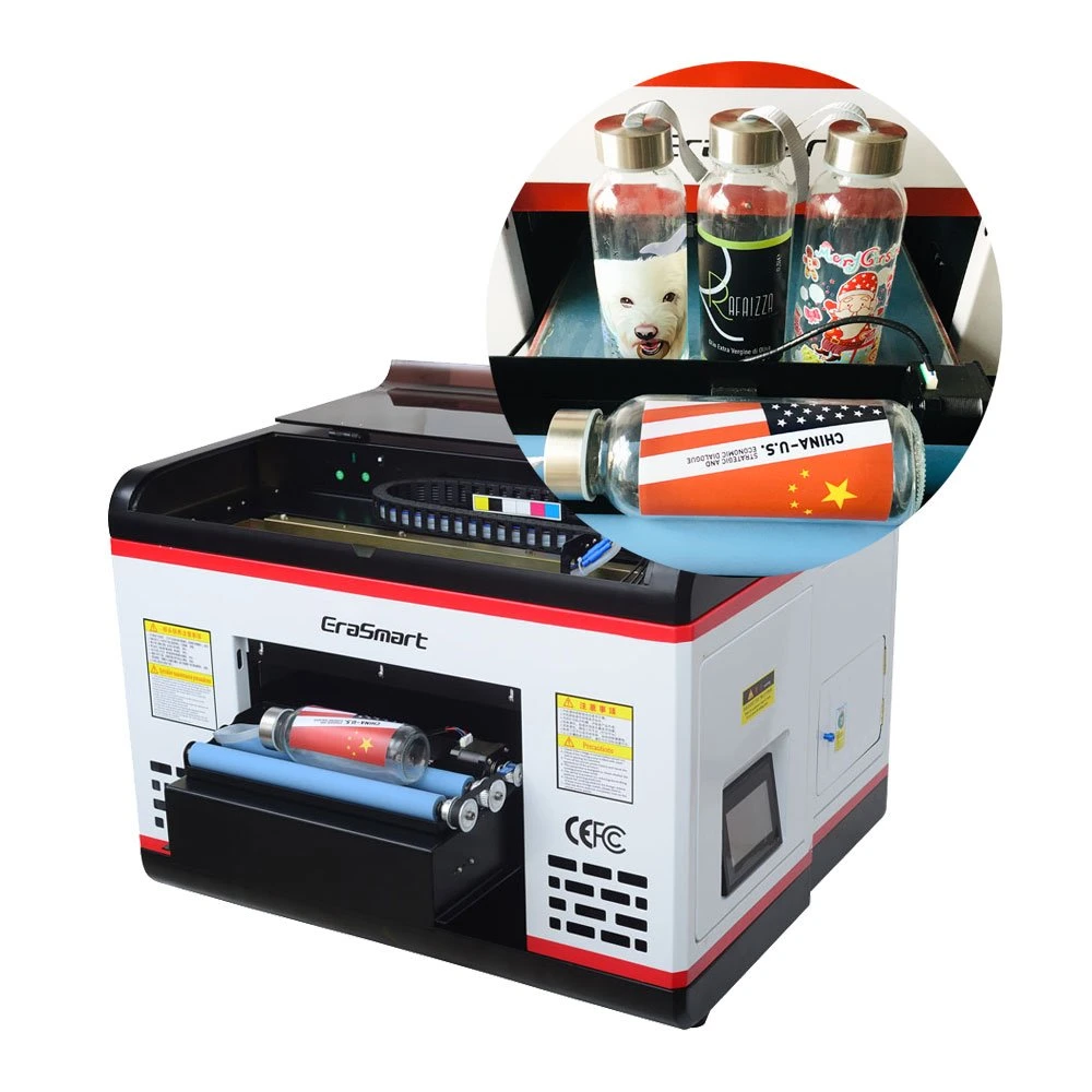 Erasmart UV Printer A3 Size Inkjet Flatbed Printing Machine with Rotary for Flat and Cylinder Glass Cup Relief 3D Embossed