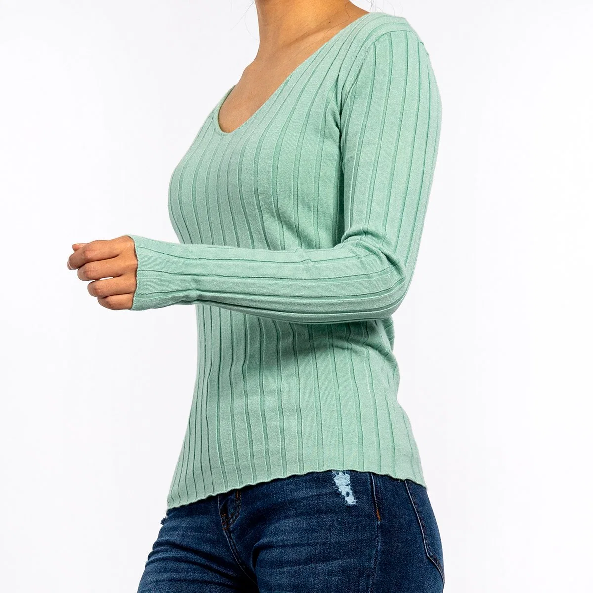 Women's Knitted V-Neck Pit Strip Tight Bottoming Long-Sleeved Light Green Sweater Pullover