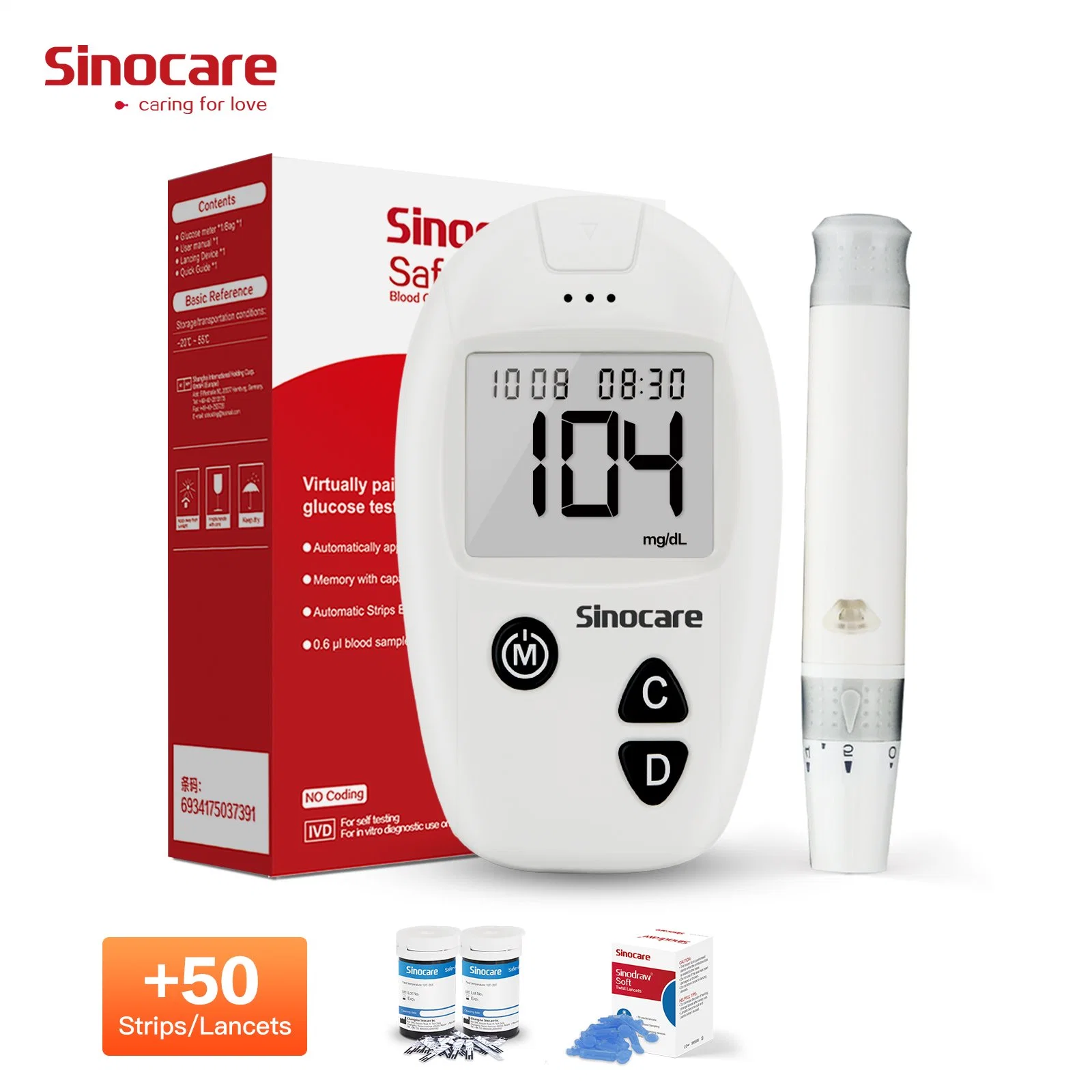 Sinocare Blood Glucose Meter Fully Automatic Blood Glucometer Diabetes Blood Glucose Meter Medical Blood Sugar Meter Diabetes