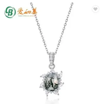 S925 Sterling Silver Natural Moss Agate Necklace Pendant Charms Zirconia Jewelry