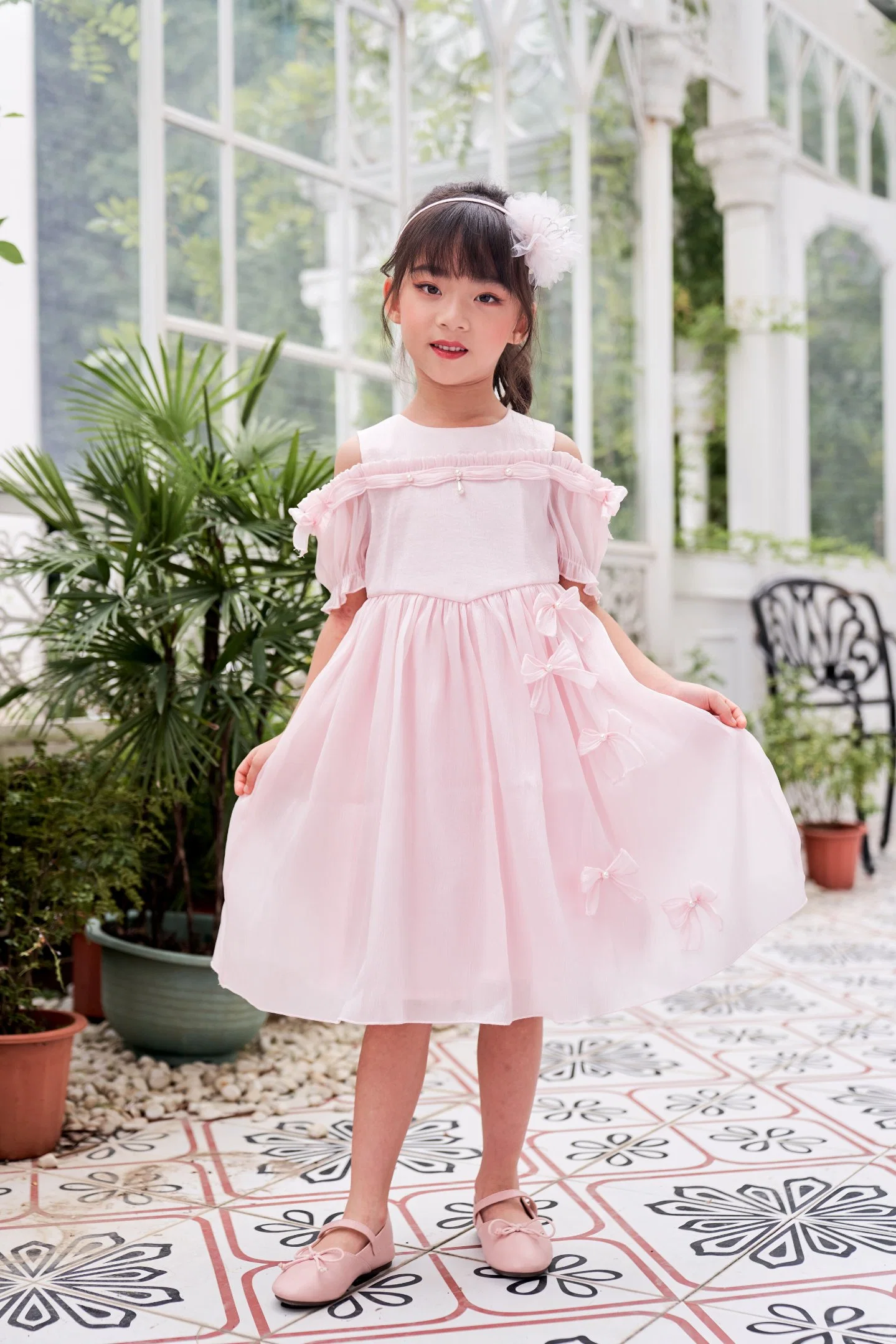 Summer Collection Children Girls Fashion Pink Bow Decoration Mesh Princess Dress Baby Clothes