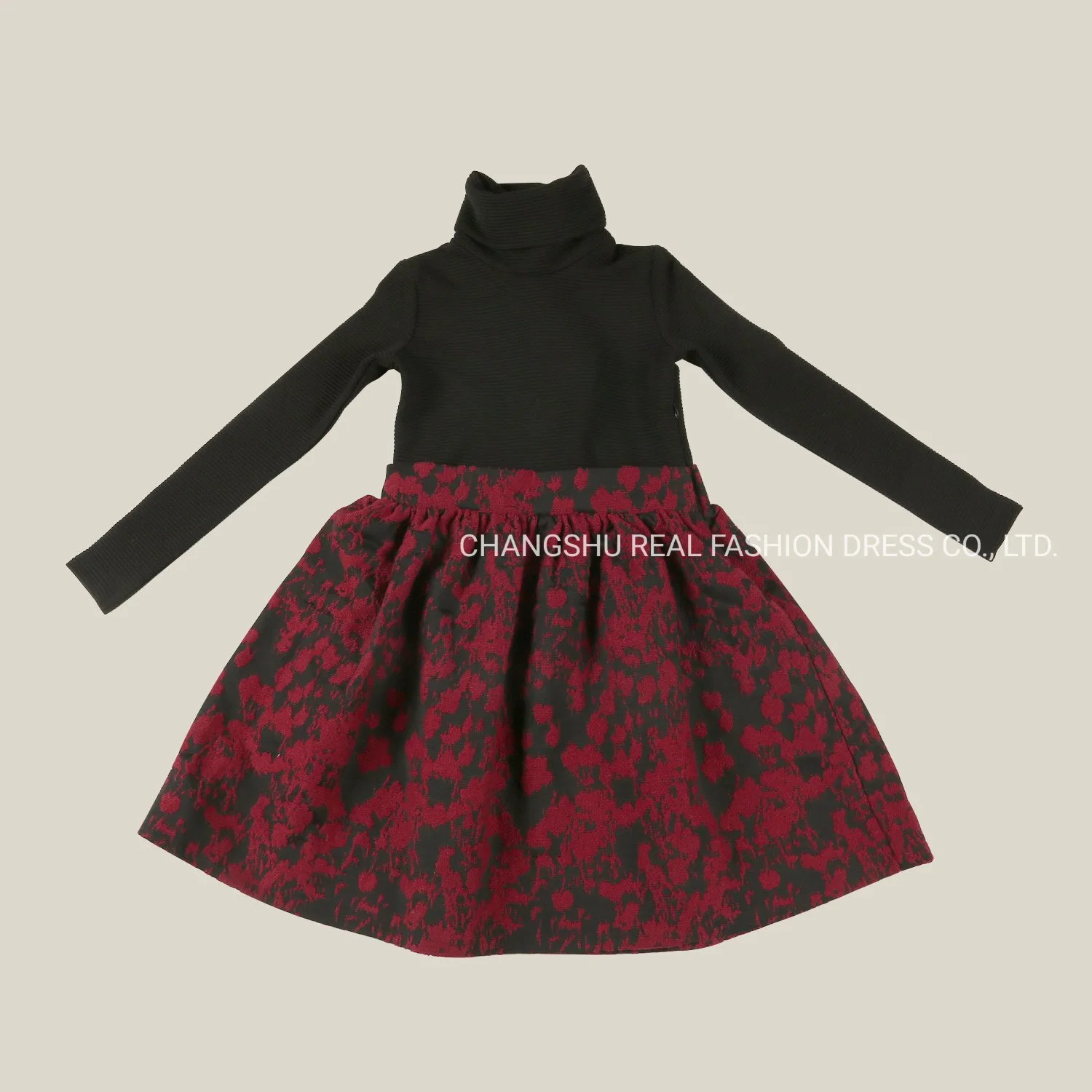 Children Clothes Girl Kids Knitted Black Dress Wear Make of Turtleneck Top Contacted Burgundy Printed Fabric