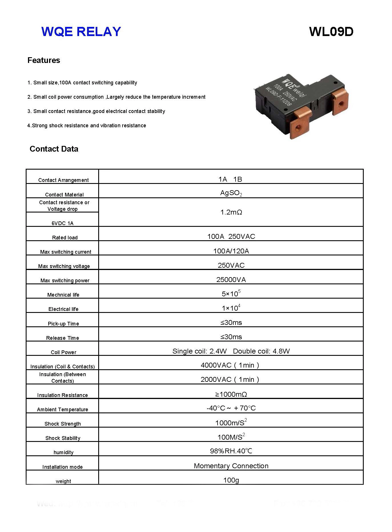 Breaking Current Mini 100A 250VAC Bistable Latching Relay for Charging Pile Wl09d