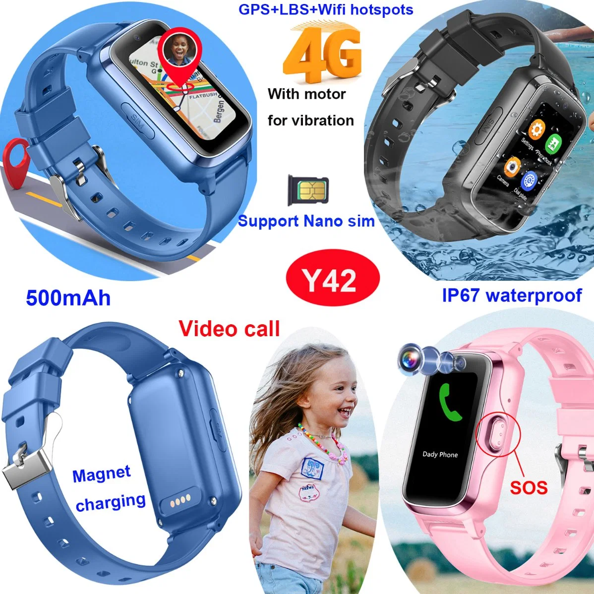 High quality China factory 4G IP67 water resistance video call Kids safety Watch tracker GPS with SOS emergency call for avoid kidnap Y42