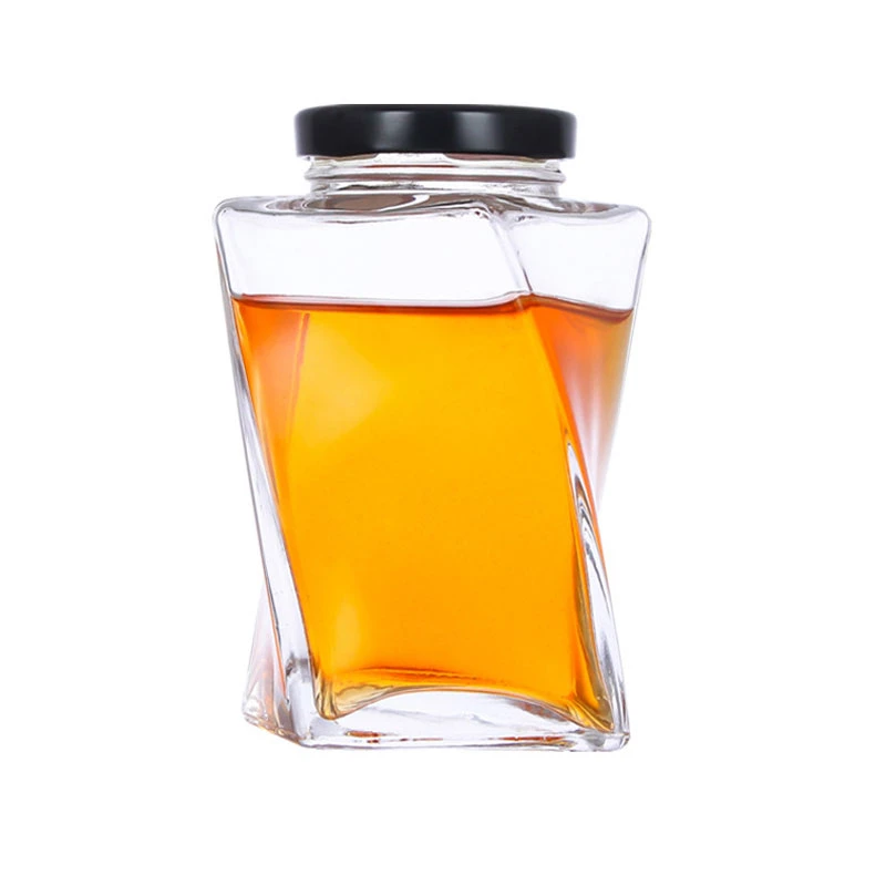 350ml Jar de miel de vidrio cuadrado de nuevo diseño con tapas metálicas Para almacenamiento
