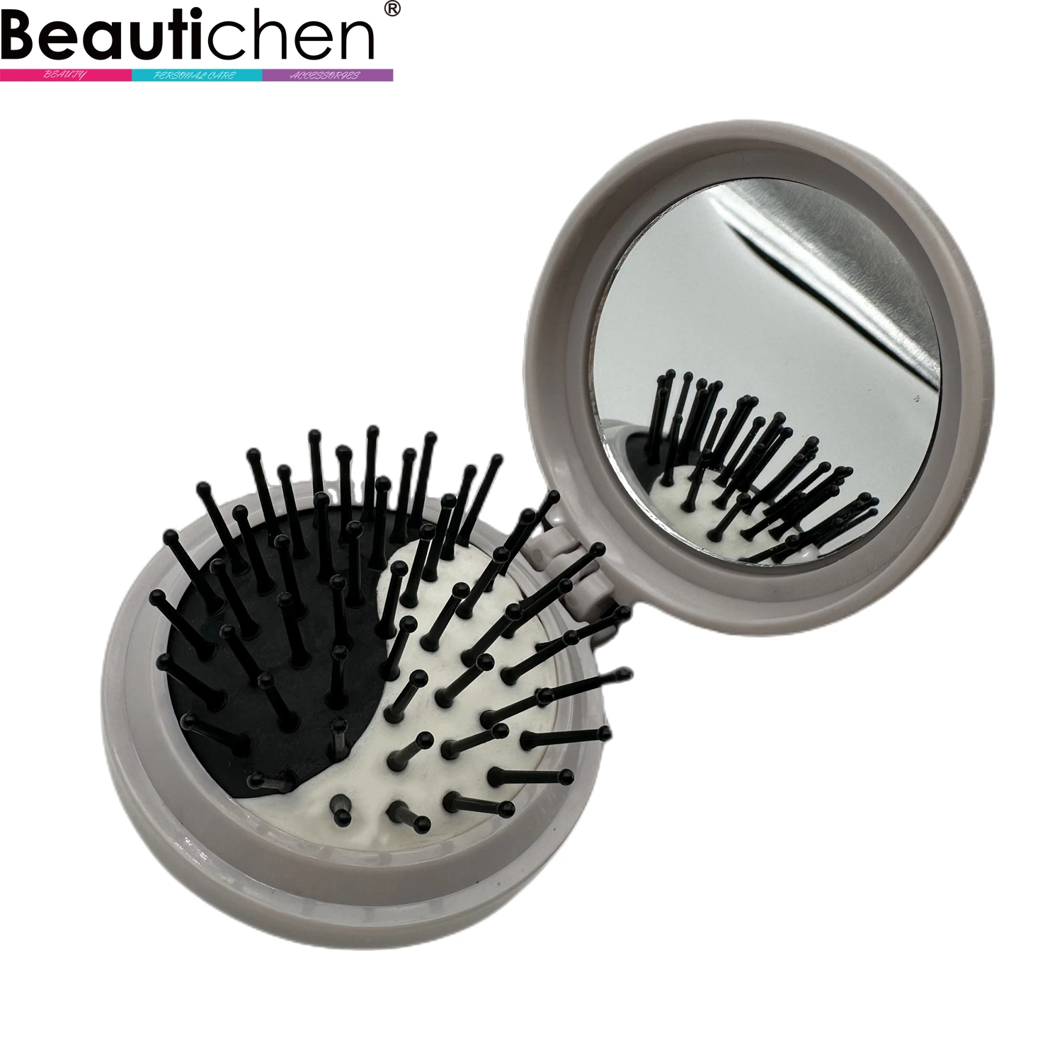 Beautichen Wholesale Hair Brush Custom Logo Pocket Detangle Mini Foldable Hair Brush Travel Round Hair Brush with Makeup Mirror