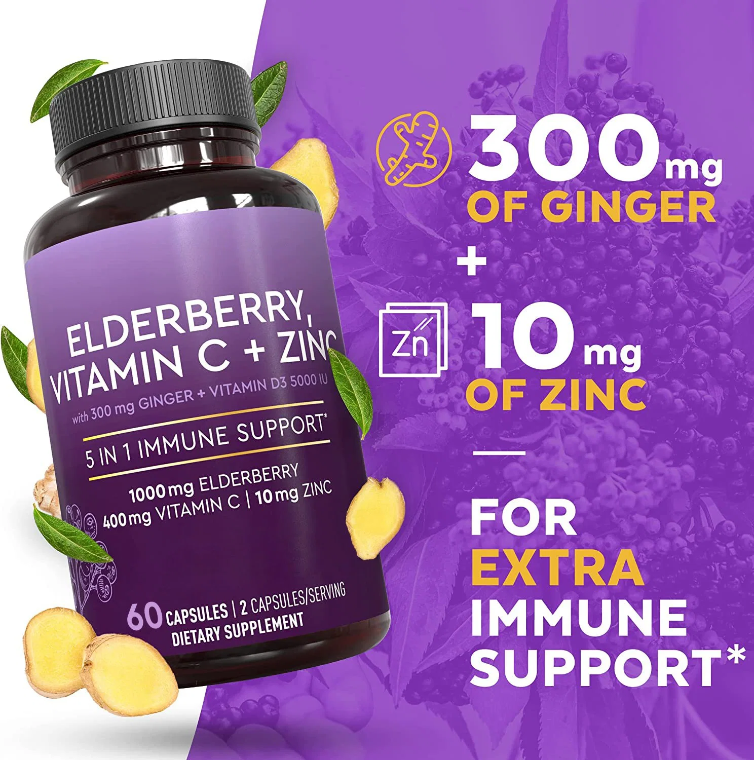 OEM etiqueta privada Logo Elderberry Vitamina C + Zinc con Ginger+ Vitamina D3 sin azúcar, sin gluten Suplemento Vegetariano duro