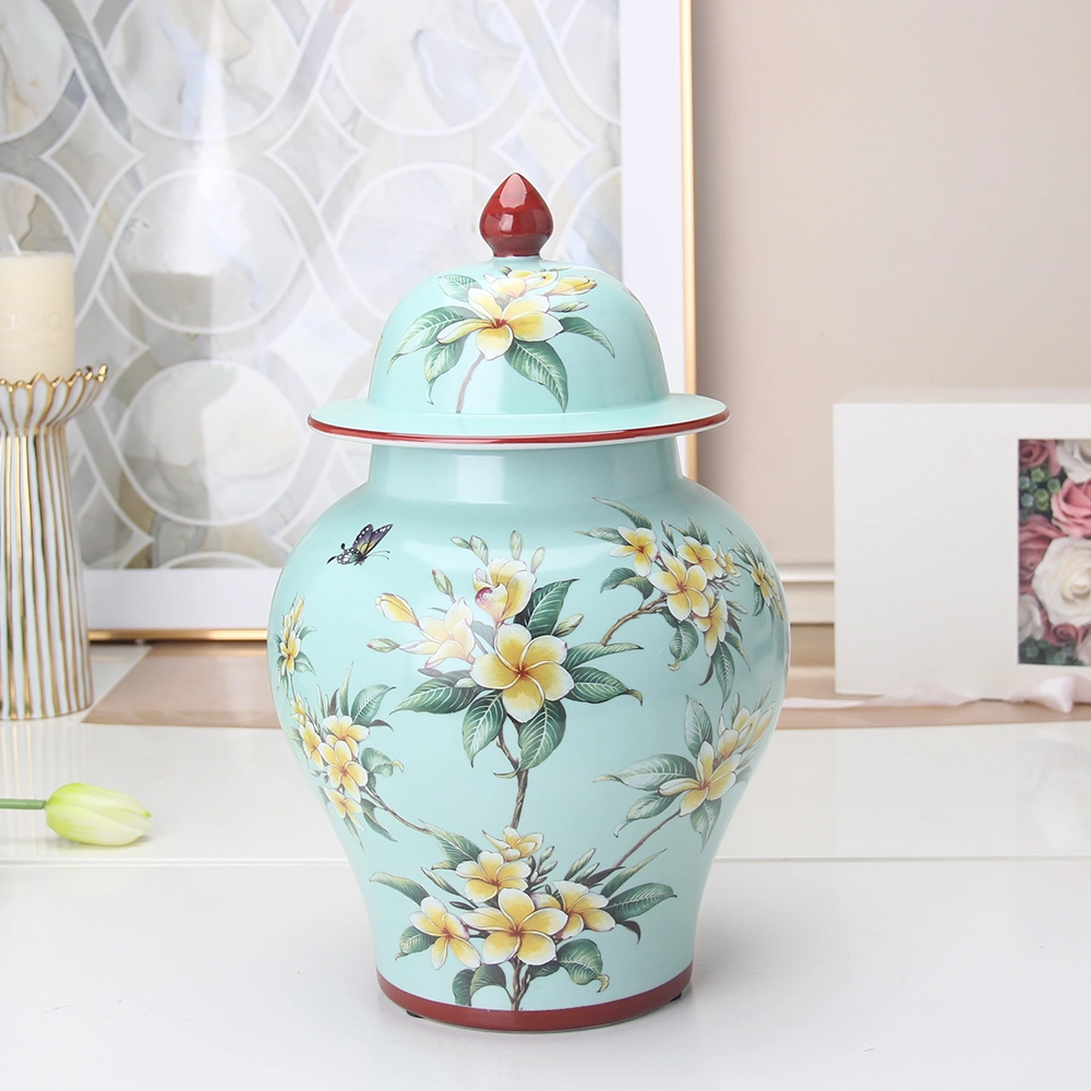 J229g elegante Ceramic Flower Ginger jar conjuntos Chinoiserie porcelana Verde Vaso para tampo de mesa para decoração doméstica