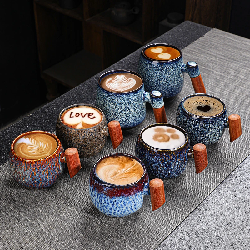 USA Warehouse Free Ship Creative Custom Logo Wide Coffee Cup Porcelain Ceramic Reuseable Coffee Cups and Mugs Gift Set with Wooden Handle Cup