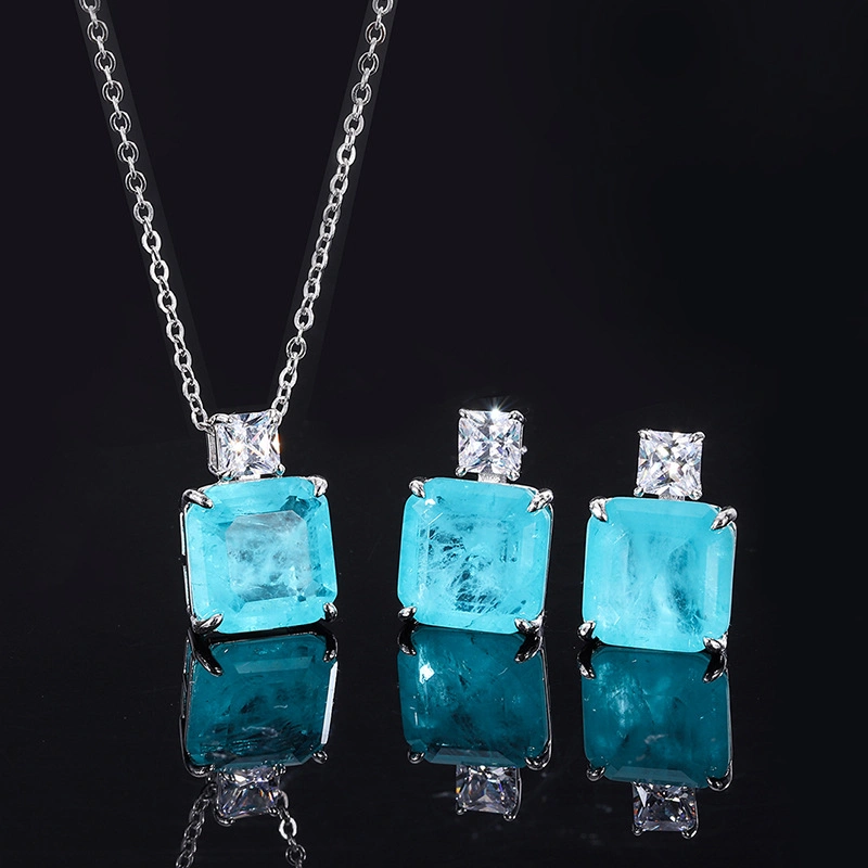 925 Sterling Silver Simulation Paraiba Pendant Earring Jewelry Set 12*12