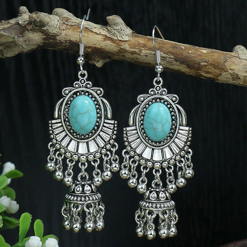 Bohemia Retro Turquoise Stone Vintage Drop Long Earrings Jewelry for Women