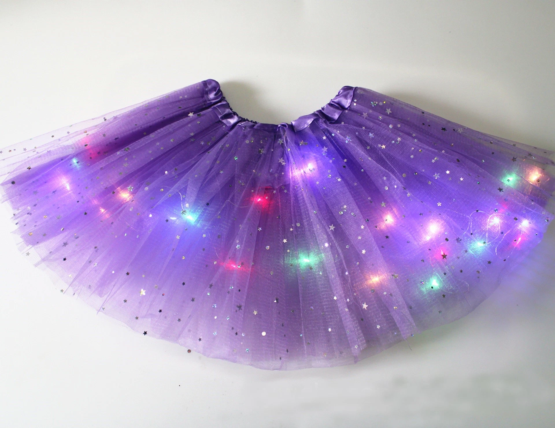 Abckids Children&prime; S Sequin Pommel Skirt Tutu Skirt Luminous Half Mesh Gauze LED Dancing Stars Girl Skirt