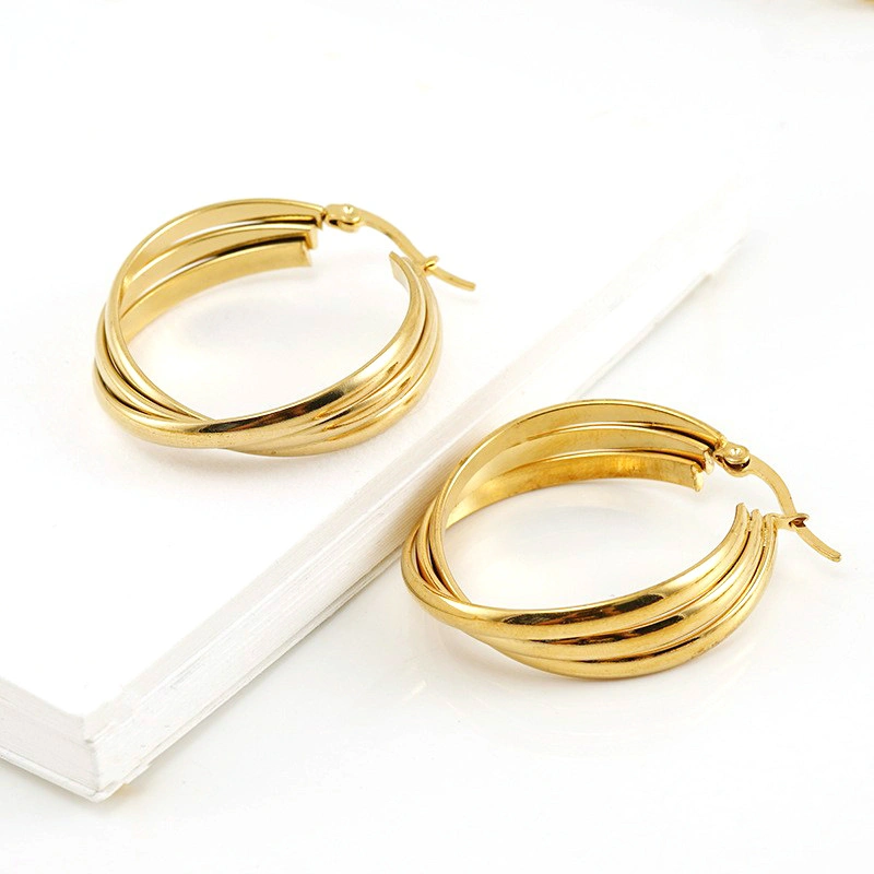 18K Gold Plated Stainless Stee Big Personalized Geometric Circular 3 Layer Cross Hoop Earrings for Women