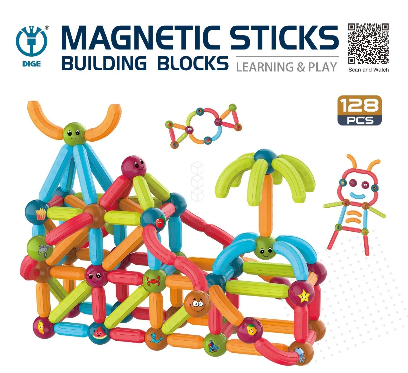 128PCS Jeux de construction magnétiques pour enfants DIY Jeu de construction Jeu de construction éducatif à vapeur avec billes magnétiques et tiges pour enfants.