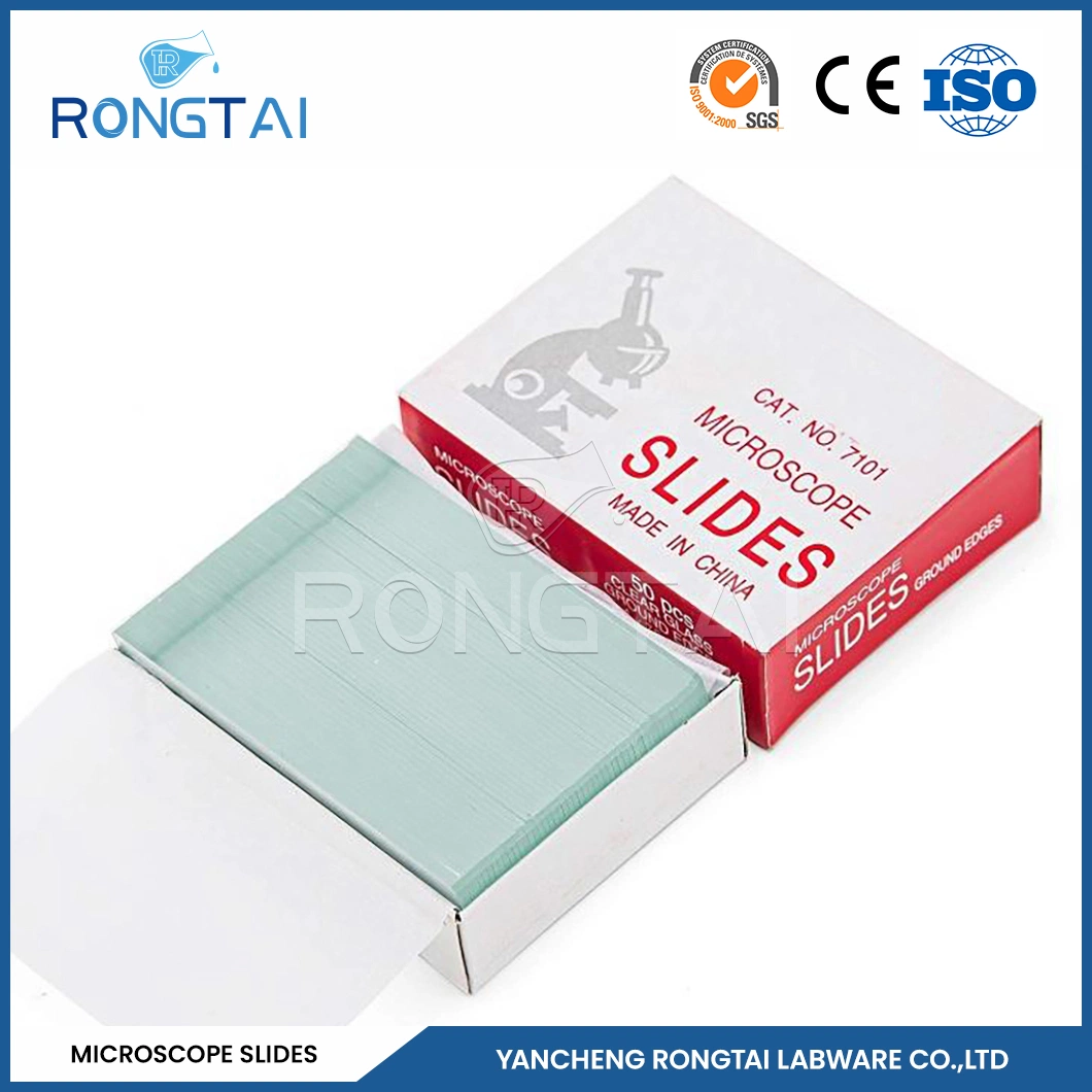 Los fabricantes de laboratorio de diapositivas Rongtai pulmón portaobjetos de microscopio China 7101 7102 7105 7109 7.107 portaobjetos de microscopio cristal protector