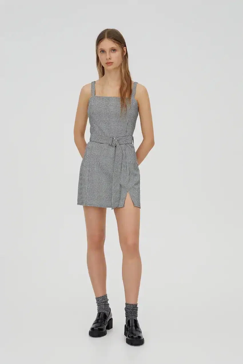 Mode Frauen Sommer Kurze Grau Lattice Strips Mini Kleid Casual Damenbekleidung