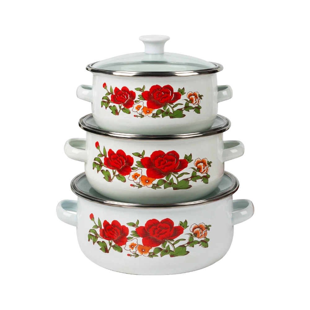 High Quality Design 3PCS Enamel Decal Cookware Kitchen Soup Pot Set