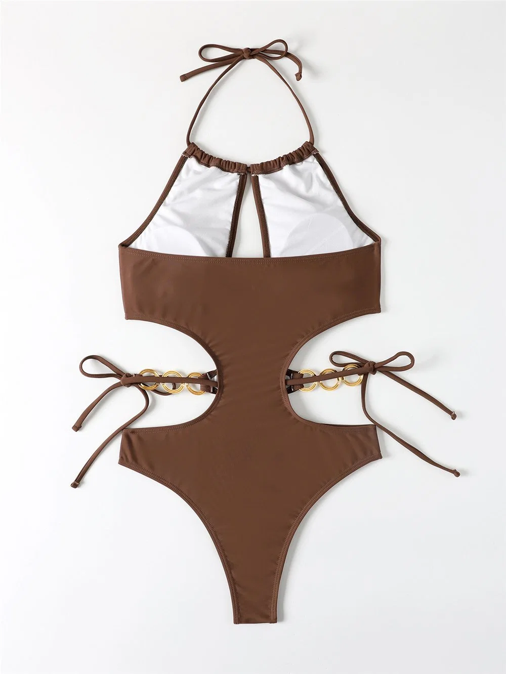 2022 Nouveau maillot de bain deux pièces à motif anneaux de couleur unie pour Femme Maillot de bain taille haute sexy