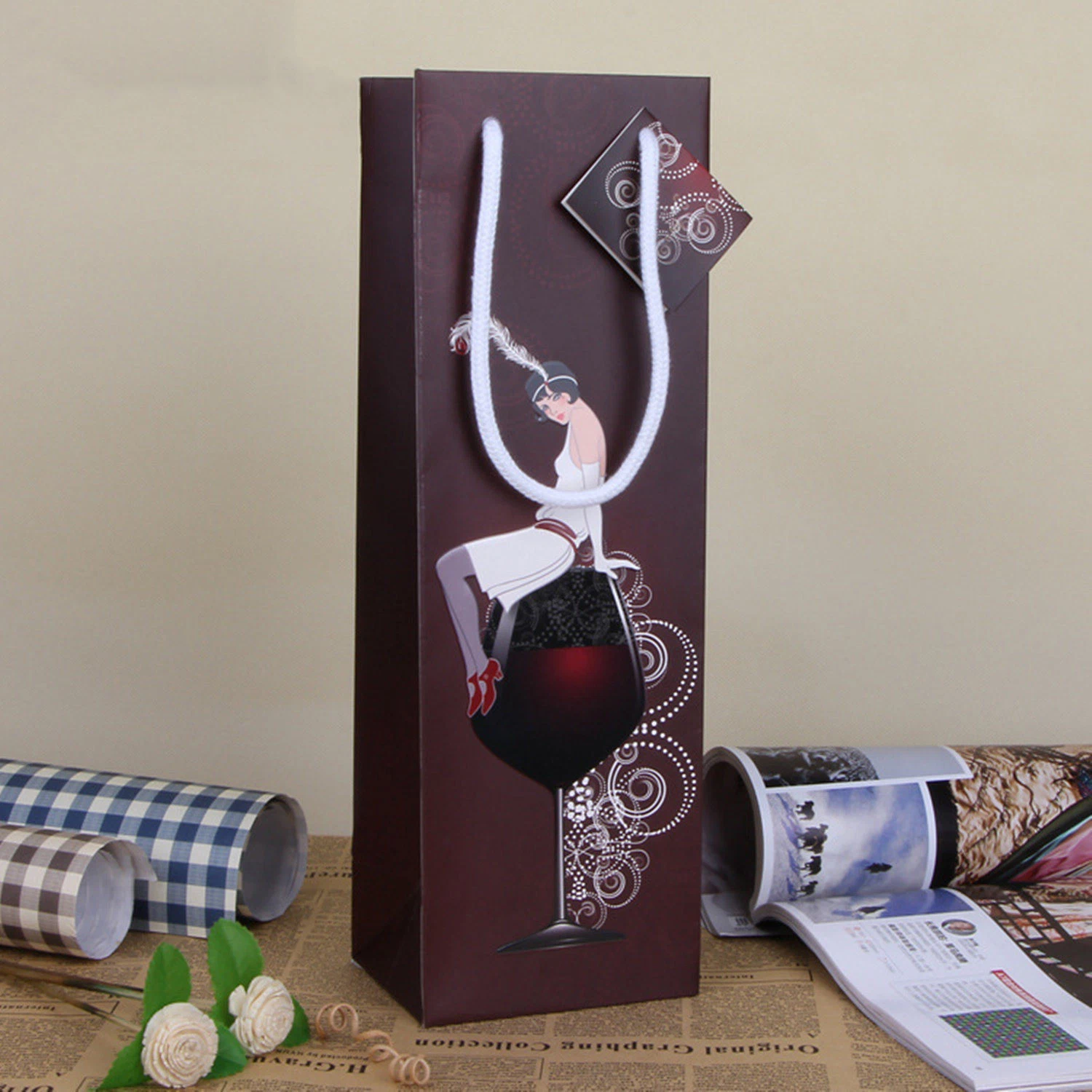 Premium Quality Custom Printing Decorative Paper Christmas Wine Bottle Gift Bag