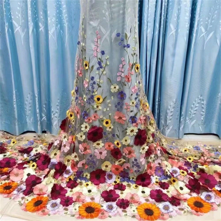 Tissus de broderie en dentelle chimique mexicaine à fleurs 3D très demandés pour les vêtements de mode