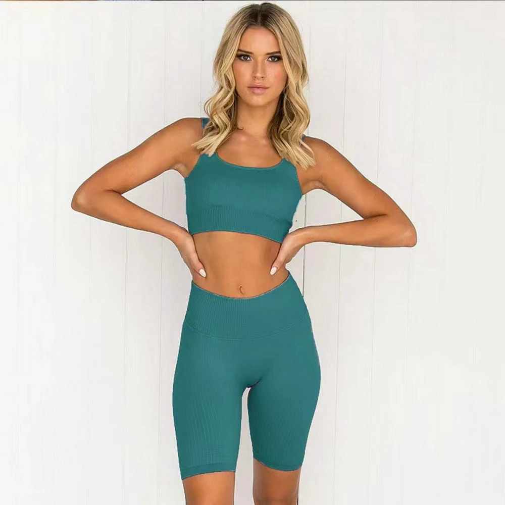 Conjunto de ioga de 2 peças com Top Top para treino sem costuras Conjunto de ginásio canelado para mulher, Wyz18562