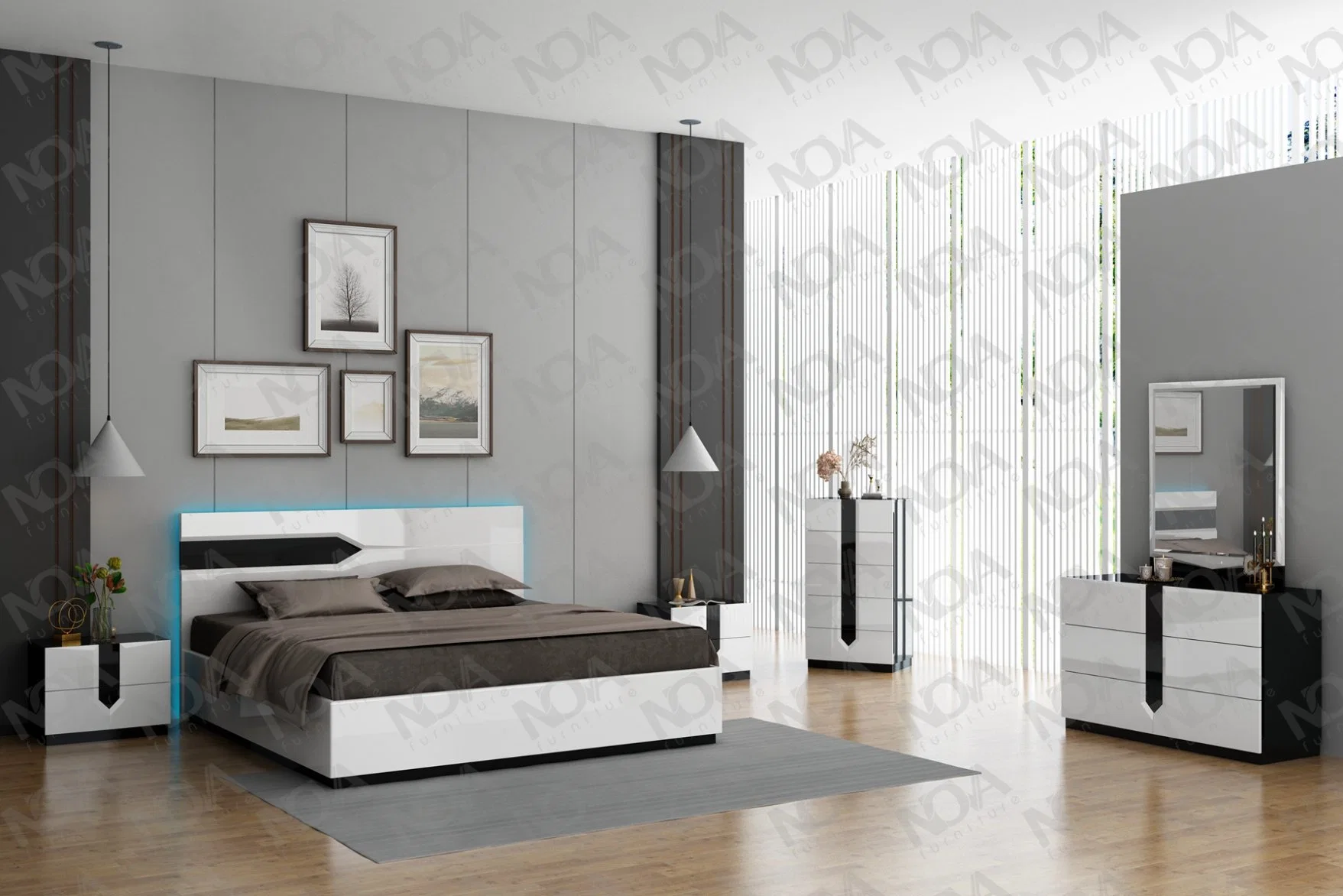 Nova personalização moderno com cama King Size Alto Madeira Gloss 4 pedaço quarto conjunto de móveis